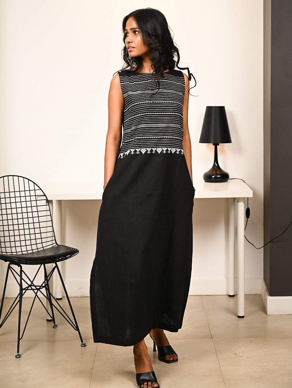 Work Chic. Handwoven Kashida Pattu Dress - Monochrome