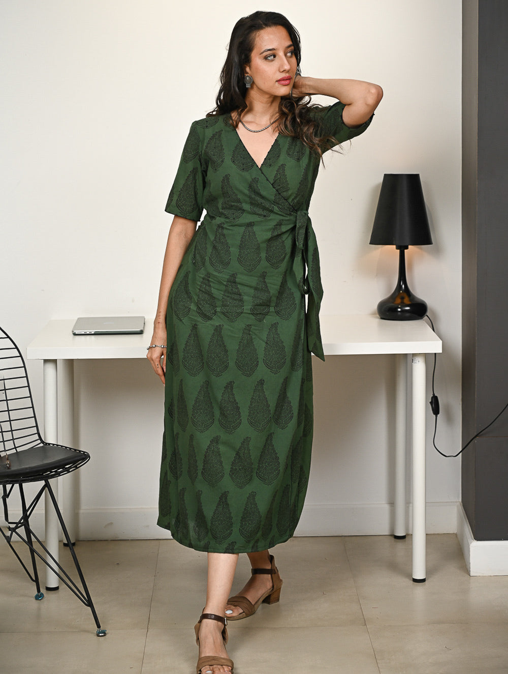 Work Chic. Bagh Hand Block Printed Cotton Wrap Dress - Green Paisley