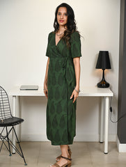 Work Chic. Bagh Hand Block Printed Cotton Wrap Dress - Green Paisley