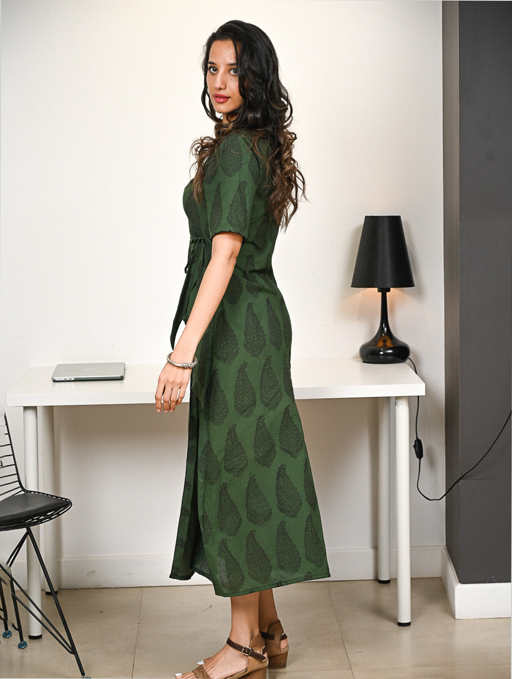 Work Chic. Bagh Hand Block Printed Cotton Wrap Dress - Green Paisley