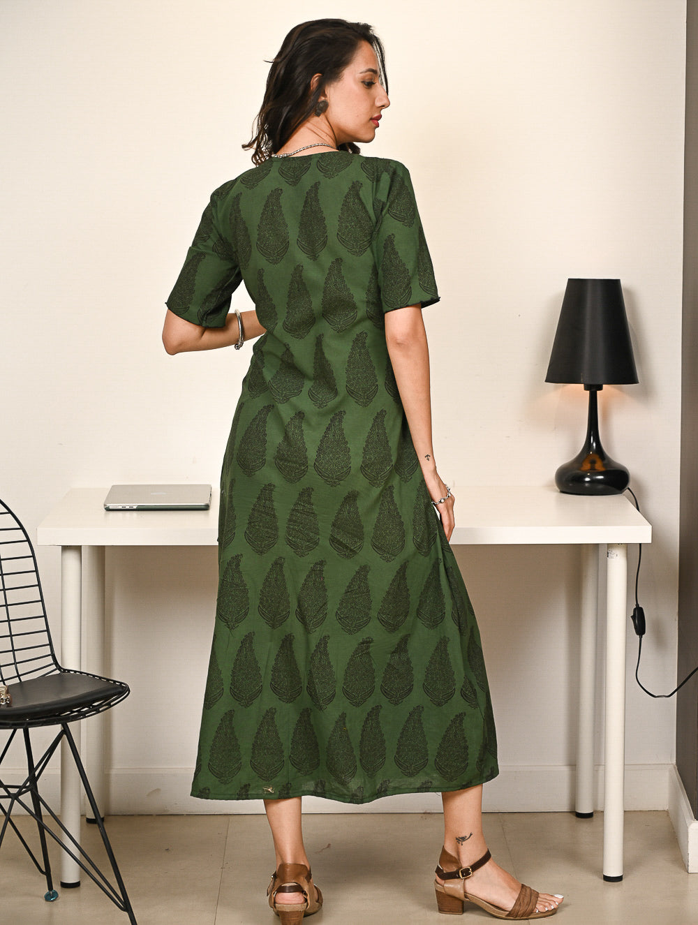 Work Chic. Bagh Hand Block Printed Cotton Wrap Dress - Green Paisley
