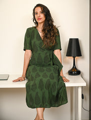 Work Chic. Bagh Hand Block Printed Cotton Wrap Dress - Green Paisley