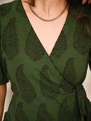 Work Chic. Bagh Hand Block Printed Cotton Wrap Dress - Green Paisley