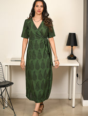 Work Chic. Bagh Hand Block Printed Cotton Wrap Dress - Green Paisley