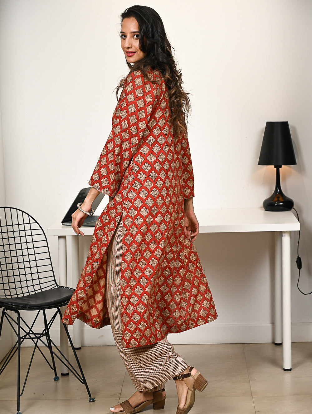 Work Chic. Hand Block Printed Bagru Cotton Kurta Set (Loose Fit) - Rust Petals (2 pc set)