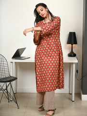 Work Chic. Hand Block Printed Bagru Cotton Kurta Set (Loose Fit) - Rust Petals (2 pc set)