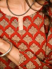 Work Chic. Hand Block Printed Bagru Cotton Kurta Set (Loose Fit) - Rust Petals (2 pc set)