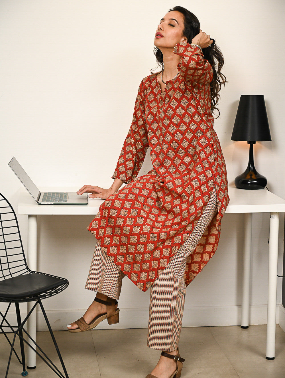 Work Chic. Hand Block Printed Bagru Cotton Kurta Set (Loose Fit) - Rust Petals (2 pc set)