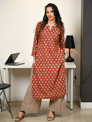 Work Chic. Hand Block Printed Bagru Cotton Kurta Set (Loose Fit) - Rust Petals (2 pc set)