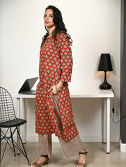 Work Chic. Hand Block Printed Bagru Cotton Kurta Set (Loose Fit) - Rust Petals (2 pc set)