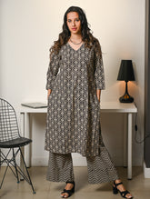 Work Chic. Hand Block Printed Bagru Cotton Kurta Set (Loose Fit) - Black Ornate (2 pc set)