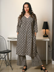 Work Chic. Hand Block Printed Bagru Cotton Kurta Set (Loose Fit) - Black Ornate (2 pc set)