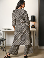 Work Chic. Hand Block Printed Bagru Cotton Kurta Set (Loose Fit) - Black Ornate (2 pc set)