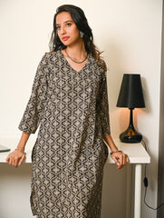 Work Chic. Hand Block Printed Bagru Cotton Kurta Set (Loose Fit) - Black Ornate (2 pc set)