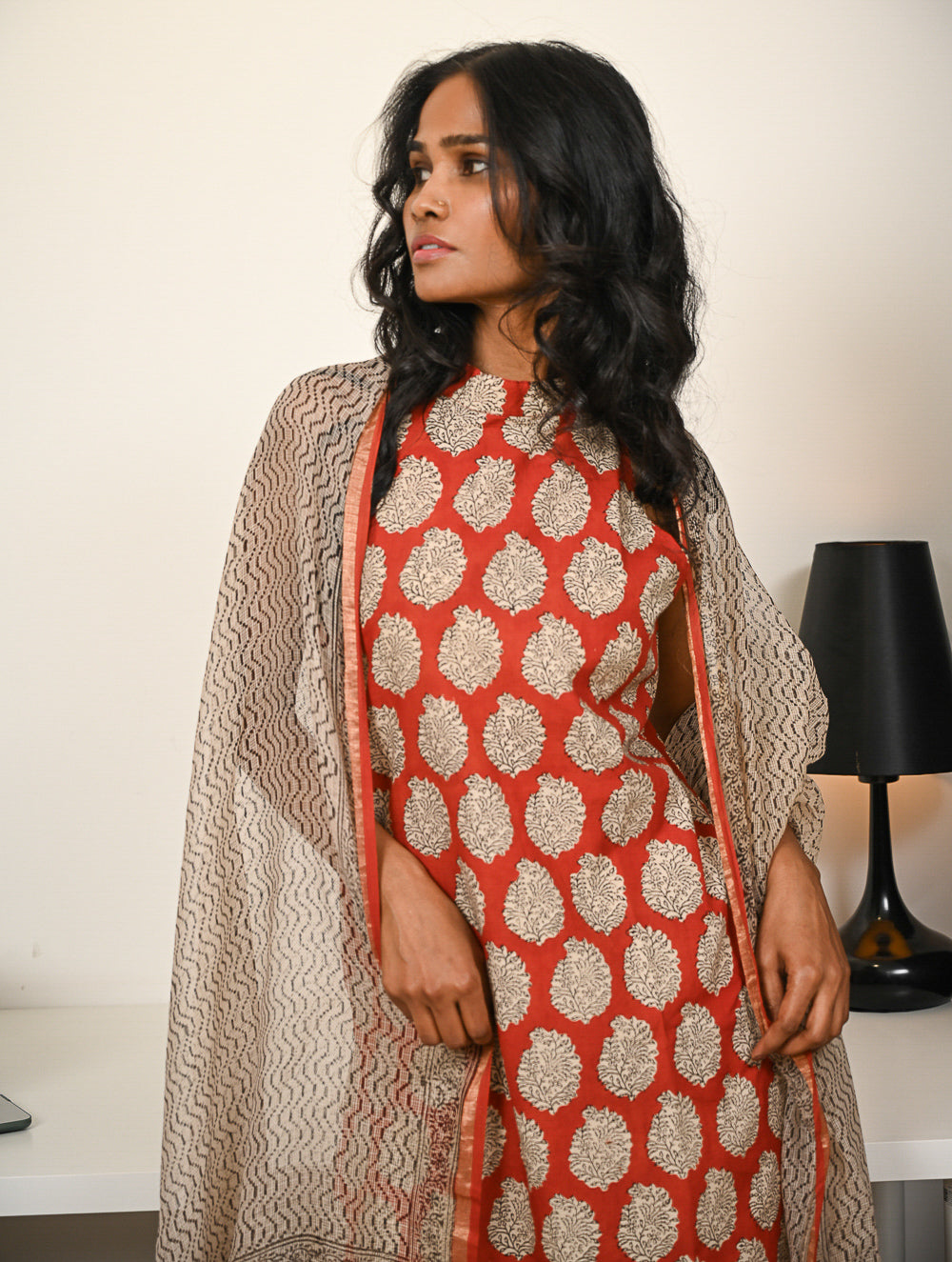 Work Chic. Hand Block Printed Bagru Kurta Set - Ornate Reds (3 pc set)