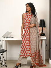 Work Chic. Hand Block Printed Bagru Kurta Set - Ornate Reds (3 pc set)