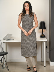 Work Chic. Hand Block Printed Bagru Kurta Set - Black Zigzags (2 pc set)