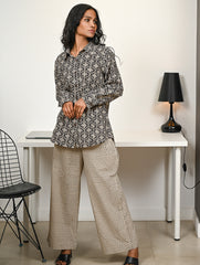 Work Chic. Hand Block Printed Bagru Shirt & Pants Set - Black Ornate (2 pc set)