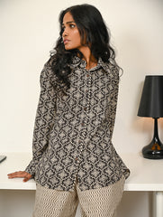 Work Chic. Hand Block Printed Bagru Shirt & Pants Set - Black Ornate (2 pc set)