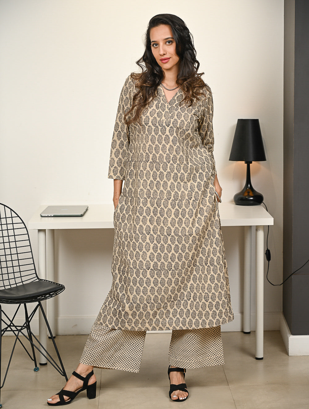 Work Chic. Hand Block Printed Bagru Loose Fit Kurta Set - Beige Florets (2 pc set)
