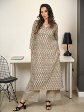 Work Chic. Hand Block Printed Bagru Loose Fit Kurta Set - Beige Florets (2 pc set)