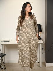 Work Chic. Hand Block Printed Bagru Loose Fit Kurta Set - Beige Florets (2 pc set)