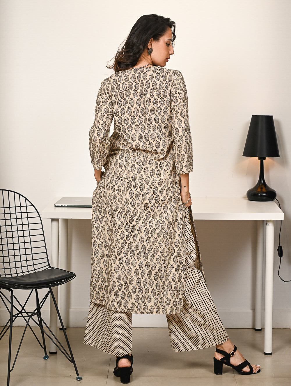 Work Chic. Hand Block Printed Bagru Loose Fit Kurta Set - Beige Florets (2 pc set)