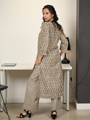 Work Chic. Hand Block Printed Bagru Loose Fit Kurta Set - Beige Florets (2 pc set)