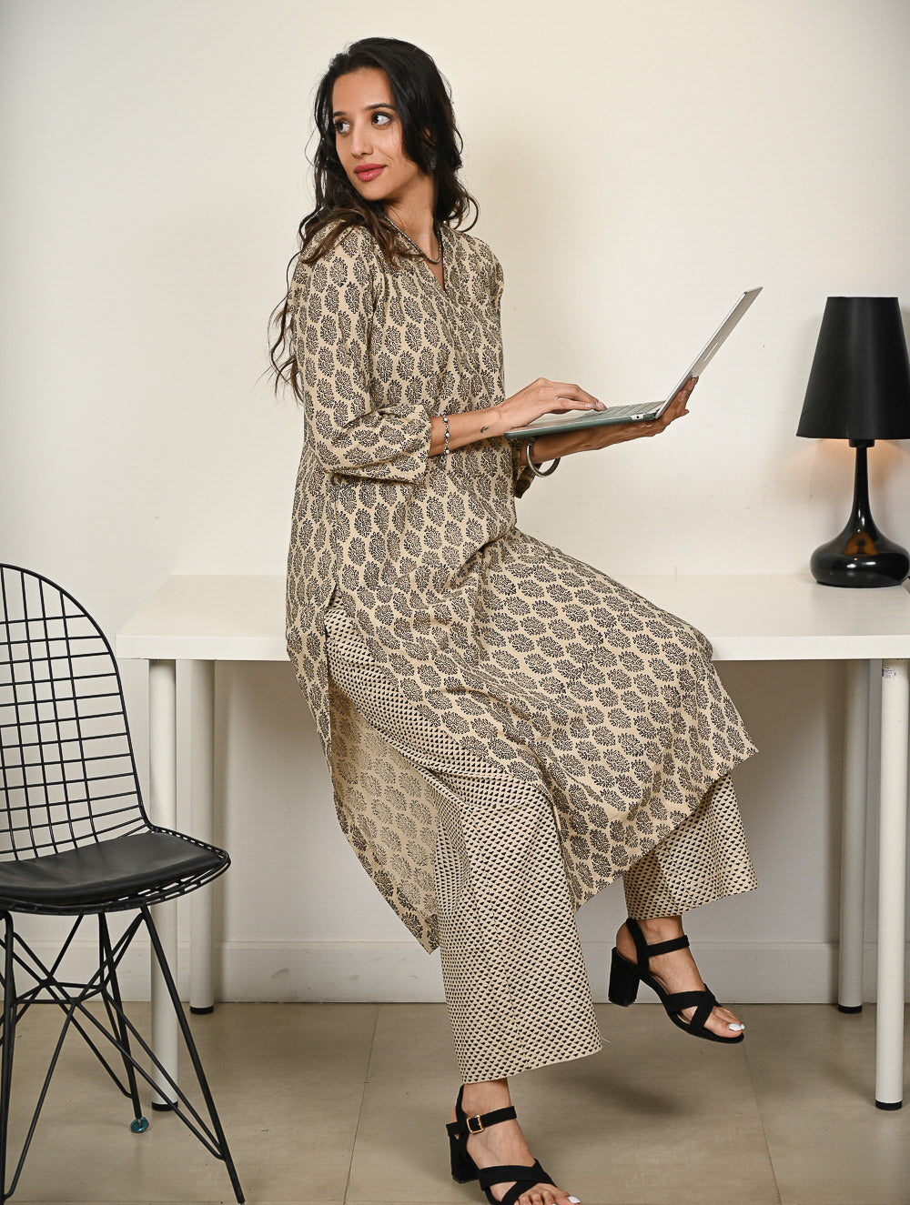 Work Chic. Hand Block Printed Bagru Loose Fit Kurta Set - Beige Florets (2 pc set)