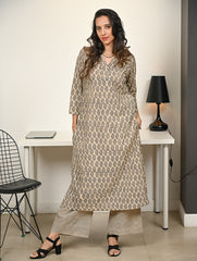 Work Chic. Hand Block Printed Bagru Loose Fit Kurta Set - Beige Florets (2 pc set)