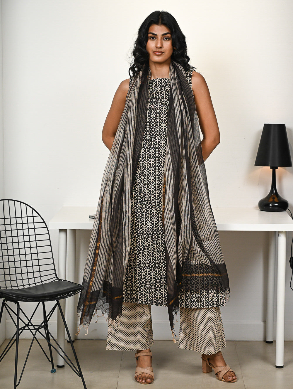 Work Chic. Hand Block Printed Bagru Kurta Set - Stripes & Florets (3 pc set)
