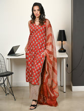 Work Chic. Hand Block Printed Bagru Kurta Set - Florets & Stripes (3 pc set)