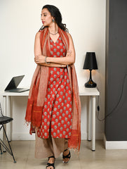 Work Chic. Hand Block Printed Bagru Kurta Set - Florets & Stripes (3 pc set)