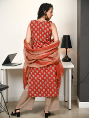 Work Chic. Hand Block Printed Bagru Kurta Set - Florets & Stripes (3 pc set)