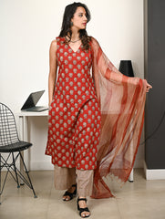 Work Chic. Hand Block Printed Bagru Kurta Set - Florets & Stripes (3 pc set)