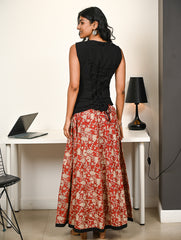 Work Chic. Bagru Flared Skirt & Kala Cotton Top Set - Red & Black Floral (3 pc set)