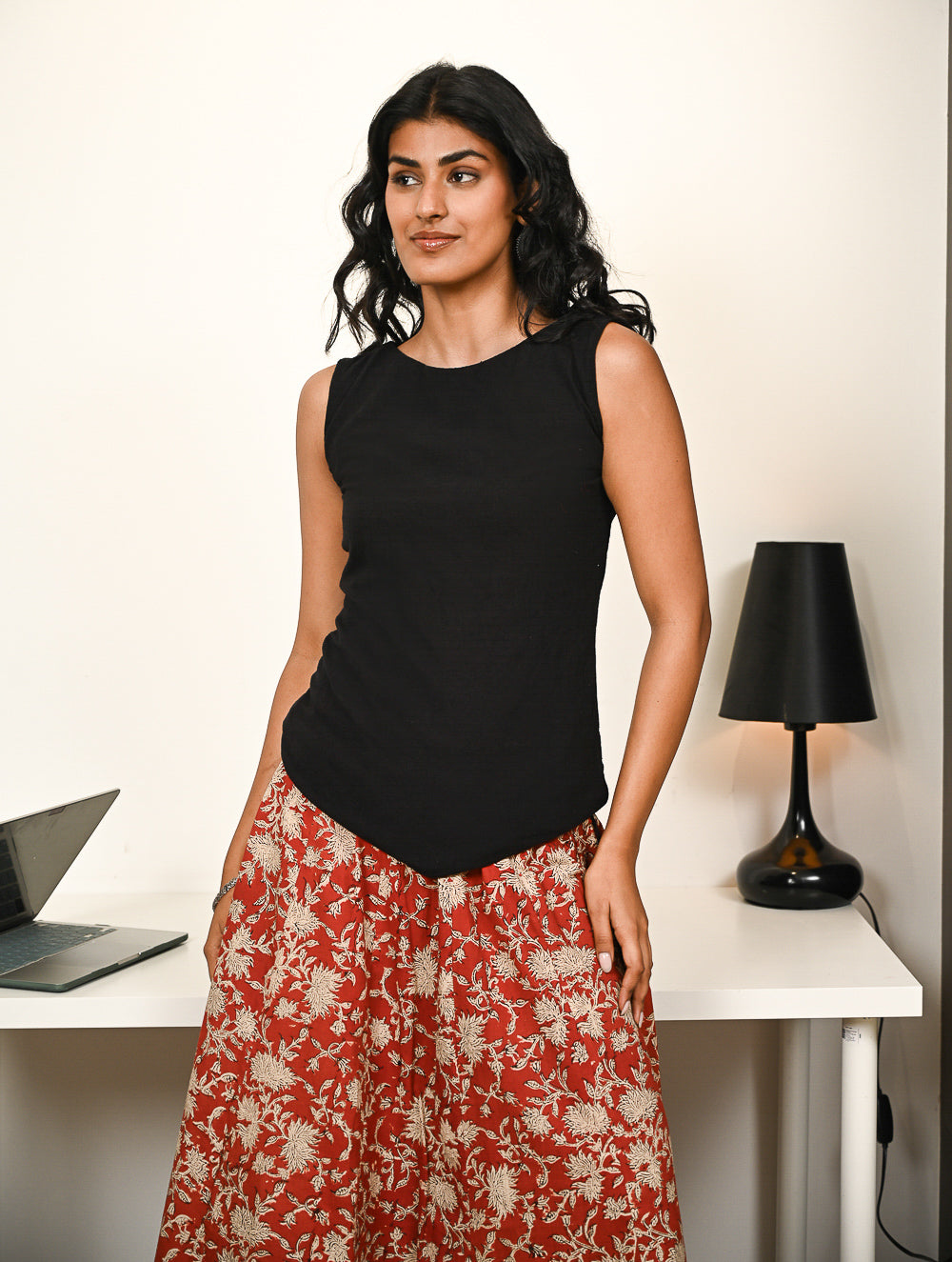 Work Chic. Bagru Flared Skirt & Kala Cotton Top Set - Red & Black Floral (3 pc set)