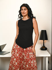 Work Chic. Bagru Flared Skirt & Kala Cotton Top Set - Red & Black Floral (3 pc set)
