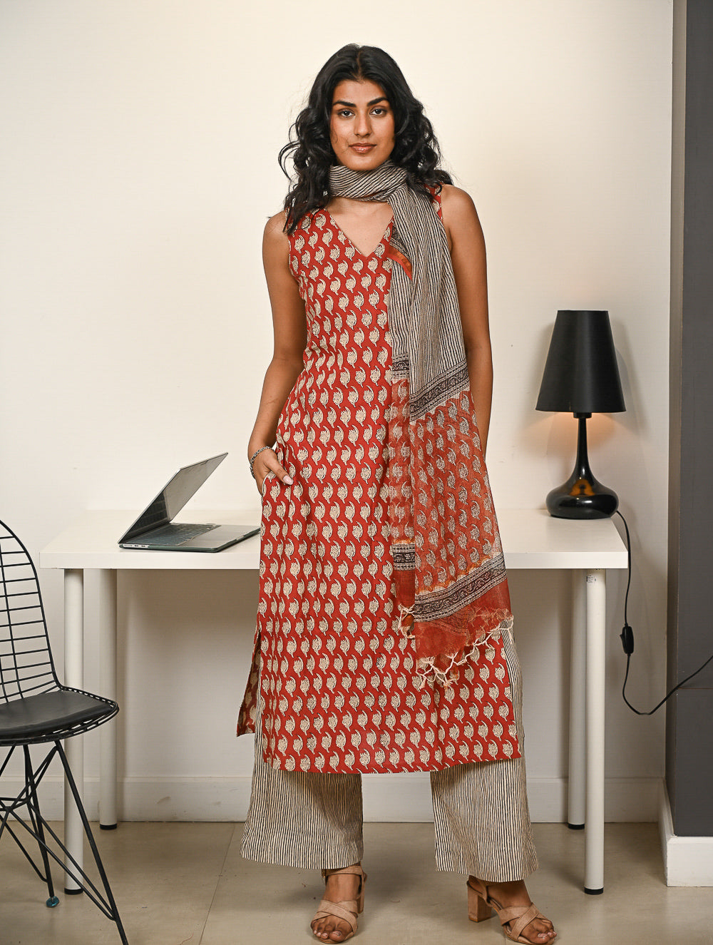 Work Chic. Hand Block Printed Bagru Kurta Set - Stripes & Reds (3 pc set)