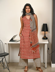 Work Chic. Hand Block Printed Bagru Kurta Set - Stripes & Reds (3 pc set)