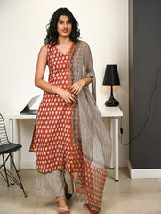 Work Chic. Hand Block Printed Bagru Kurta Set - Stripes & Reds (3 pc set)