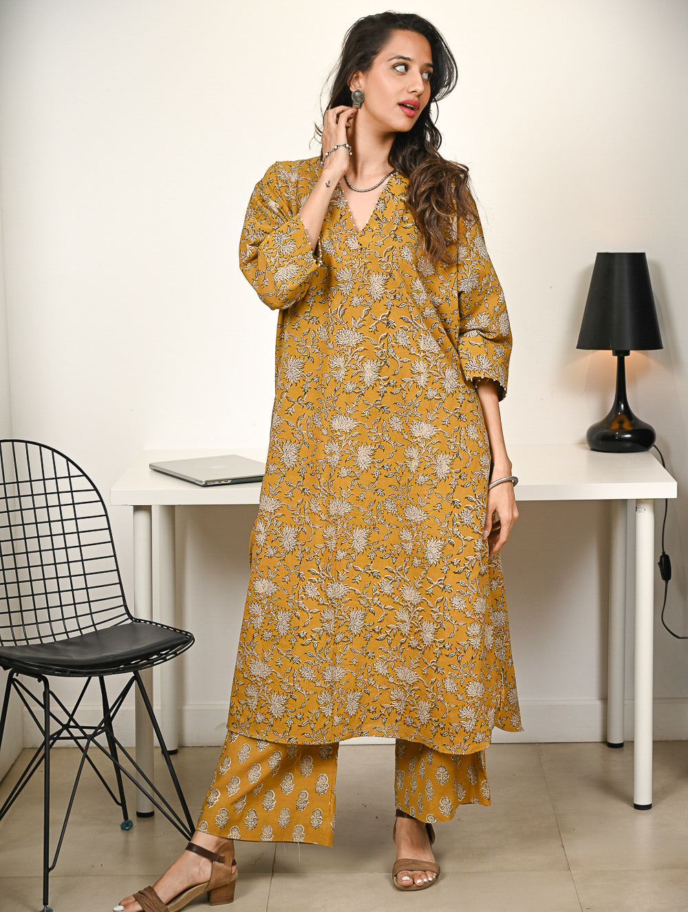Work Chic. Hand Block Printed Ultra Loose Fit Bagru Kurta Set - Mustard Flora (2 pc set)