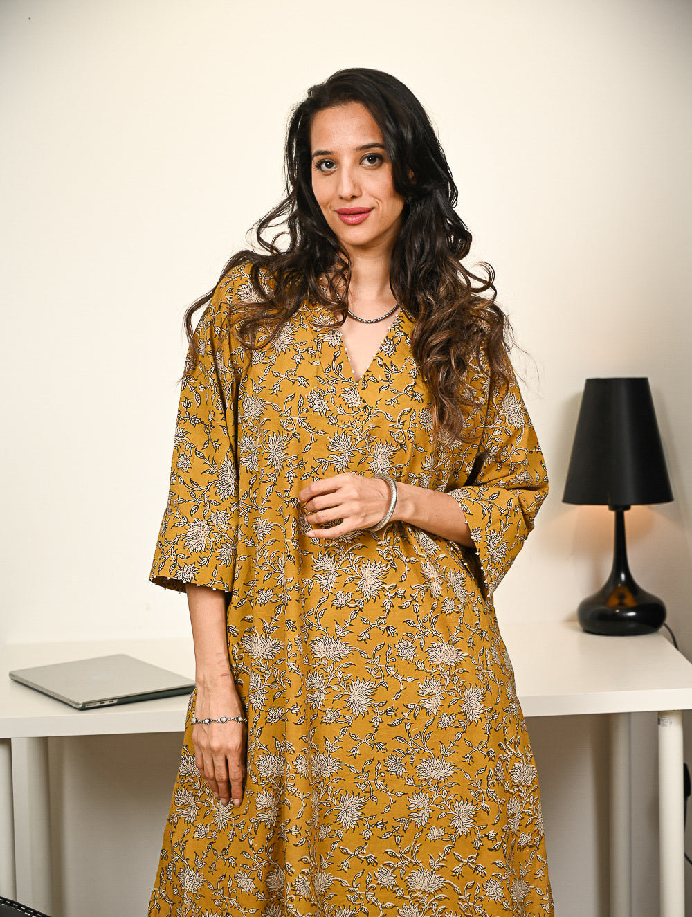 Work Chic. Hand Block Printed Ultra Loose Fit Bagru Kurta Set - Mustard Flora (2 pc set)