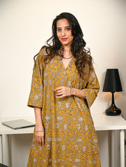 Work Chic. Hand Block Printed Ultra Loose Fit Bagru Kurta Set - Mustard Flora (2 pc set)