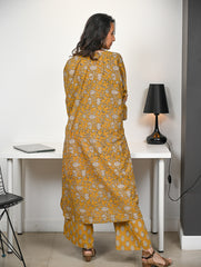 Work Chic. Hand Block Printed Ultra Loose Fit Bagru Kurta Set - Mustard Flora (2 pc set)