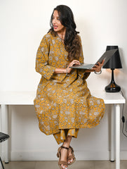 Work Chic. Hand Block Printed Ultra Loose Fit Bagru Kurta Set - Mustard Flora (2 pc set)