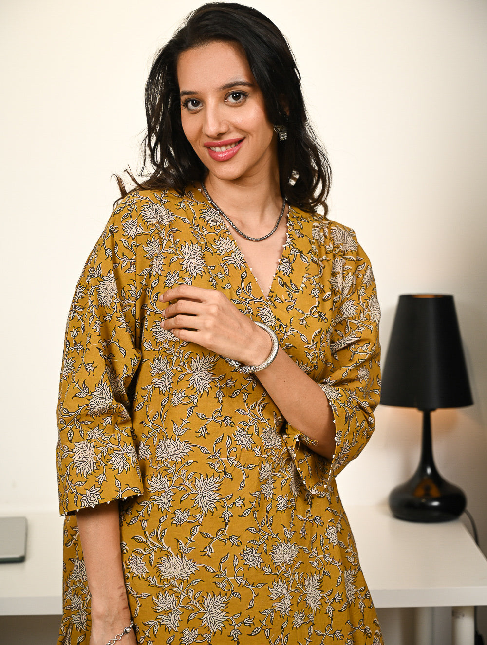 Work Chic. Hand Block Printed Ultra Loose Fit Bagru Kurta Set - Mustard Flora (2 pc set)