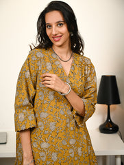 Work Chic. Hand Block Printed Ultra Loose Fit Bagru Kurta Set - Mustard Flora (2 pc set)