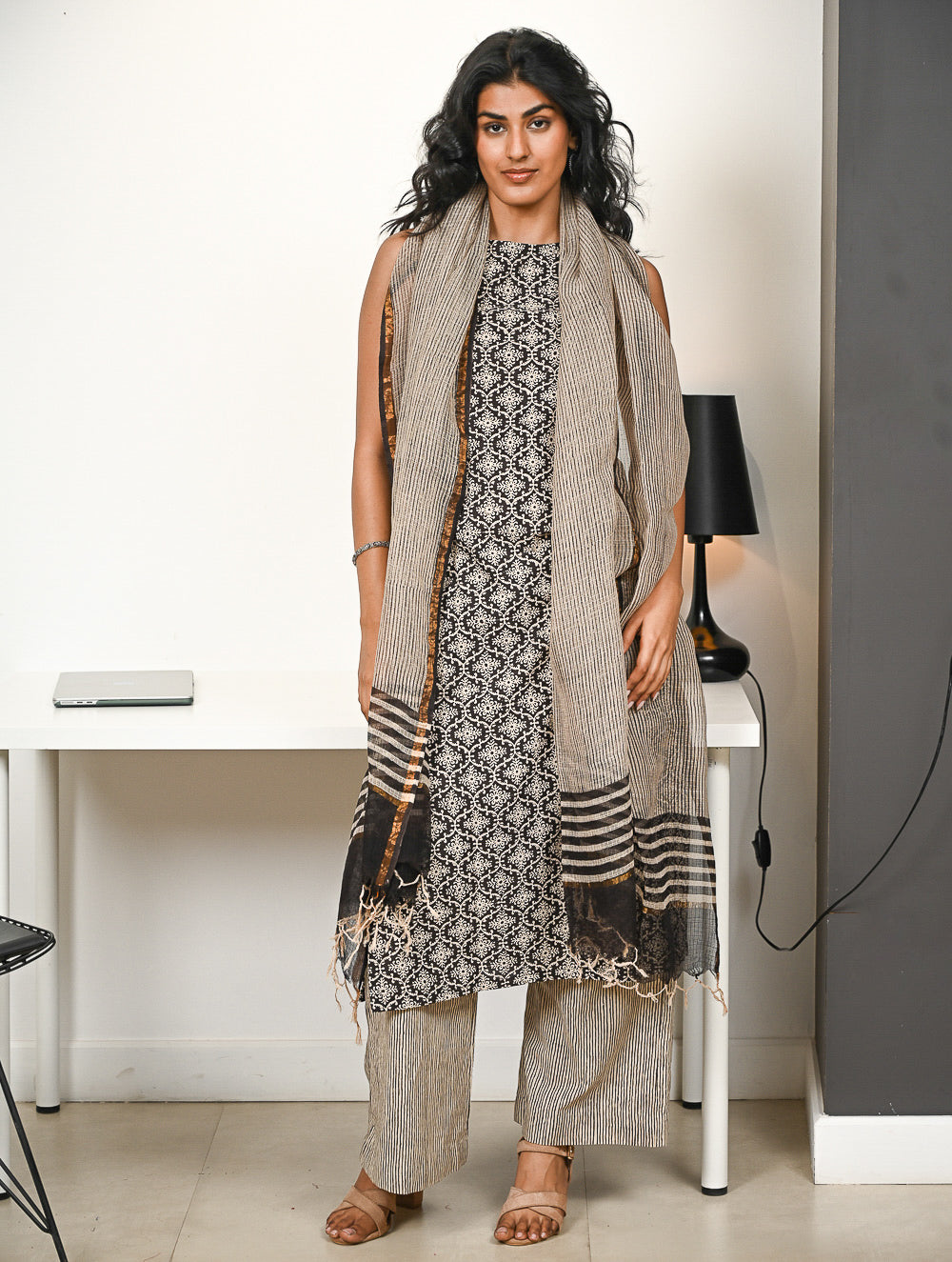 Work Chic. Hand Block Printed Bagru Kurta Set - Ornate Stripes (3 pc set)