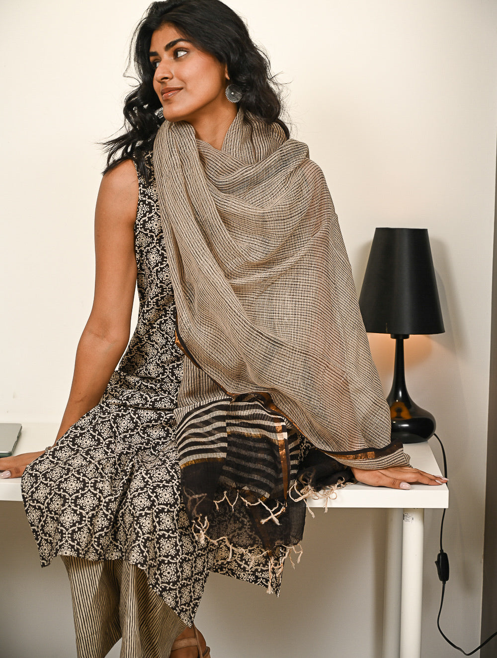 Work Chic. Hand Block Printed Bagru Kurta Set - Ornate Stripes (3 pc set)